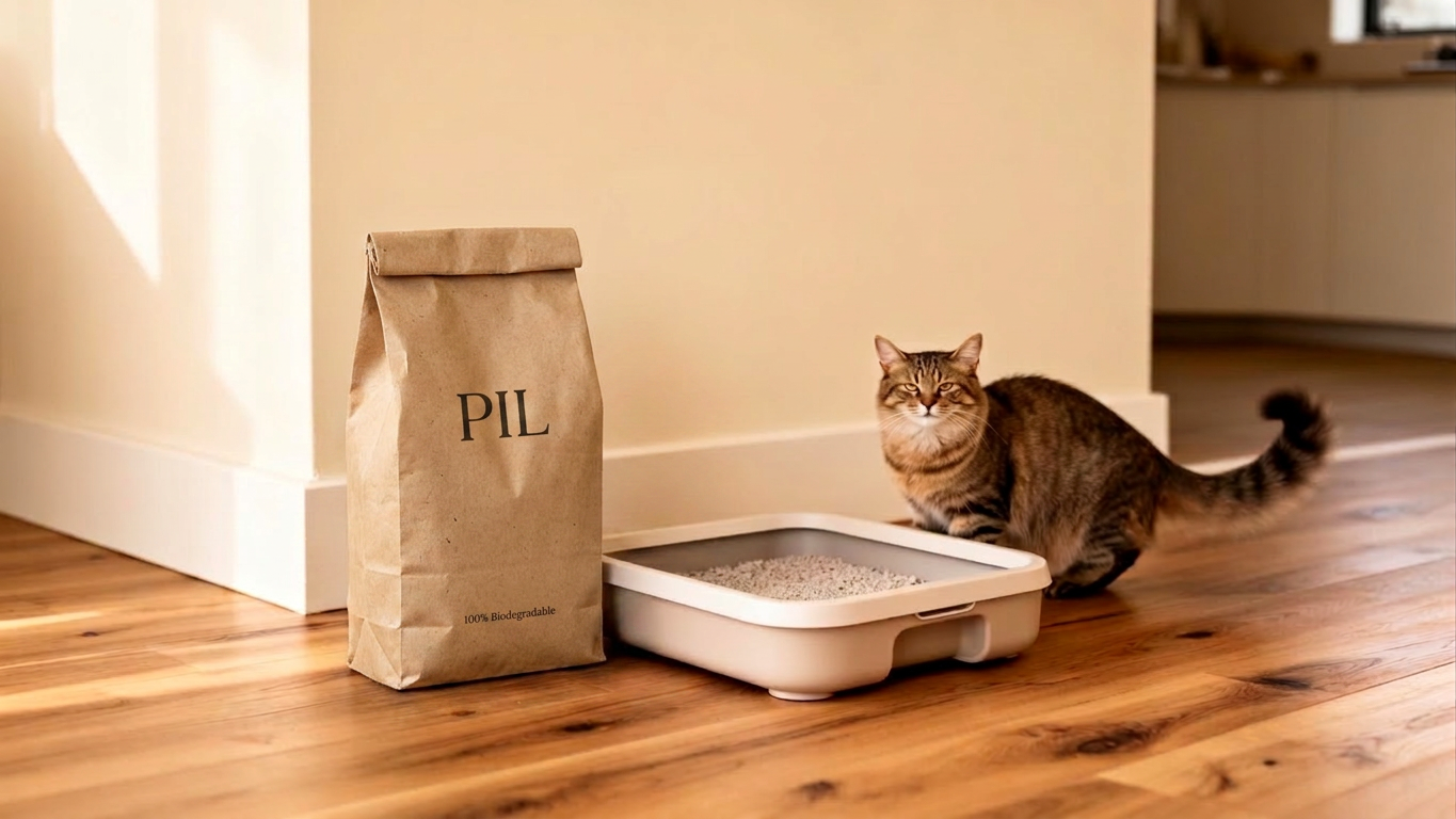 A modern home with a cat beside premium Pil wood pellet litter packaging